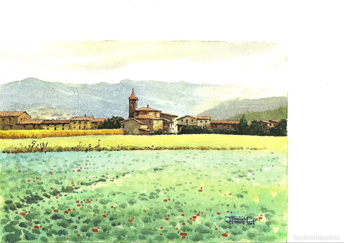 Arte: Ilegible - Pueblo en el campo - 35x25 - Acuarela