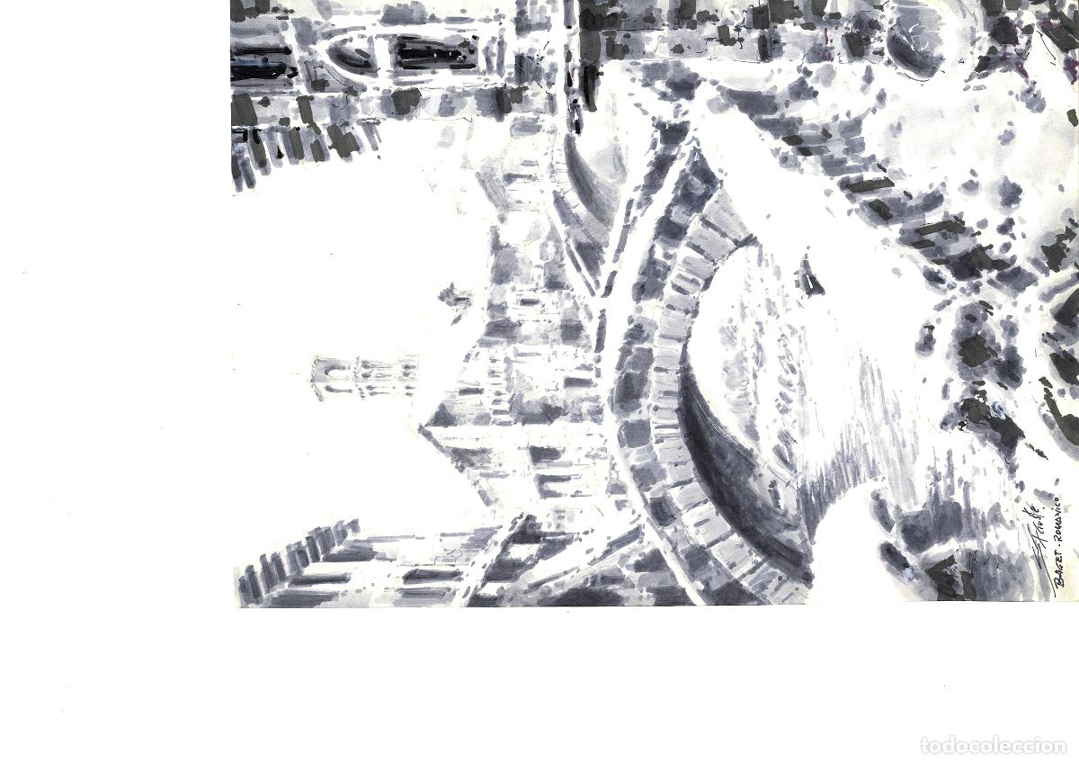 Arte: Ilegible - Vista de ciudad antigua - 35x25 - Acuarela