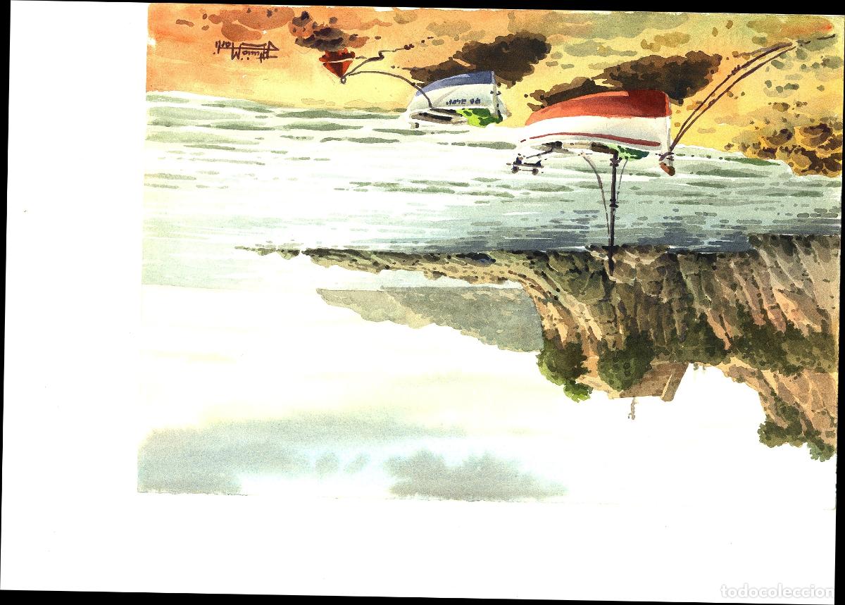 Arte: Ilegible - Barcos en la costa - 35x25 - Acuarela