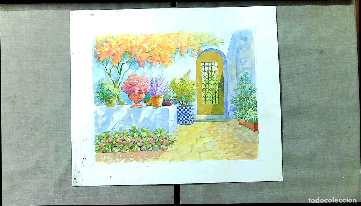 Arte: Ilegible - Jard&iacute;n de flores y puerta - 35x25 - Acuarela