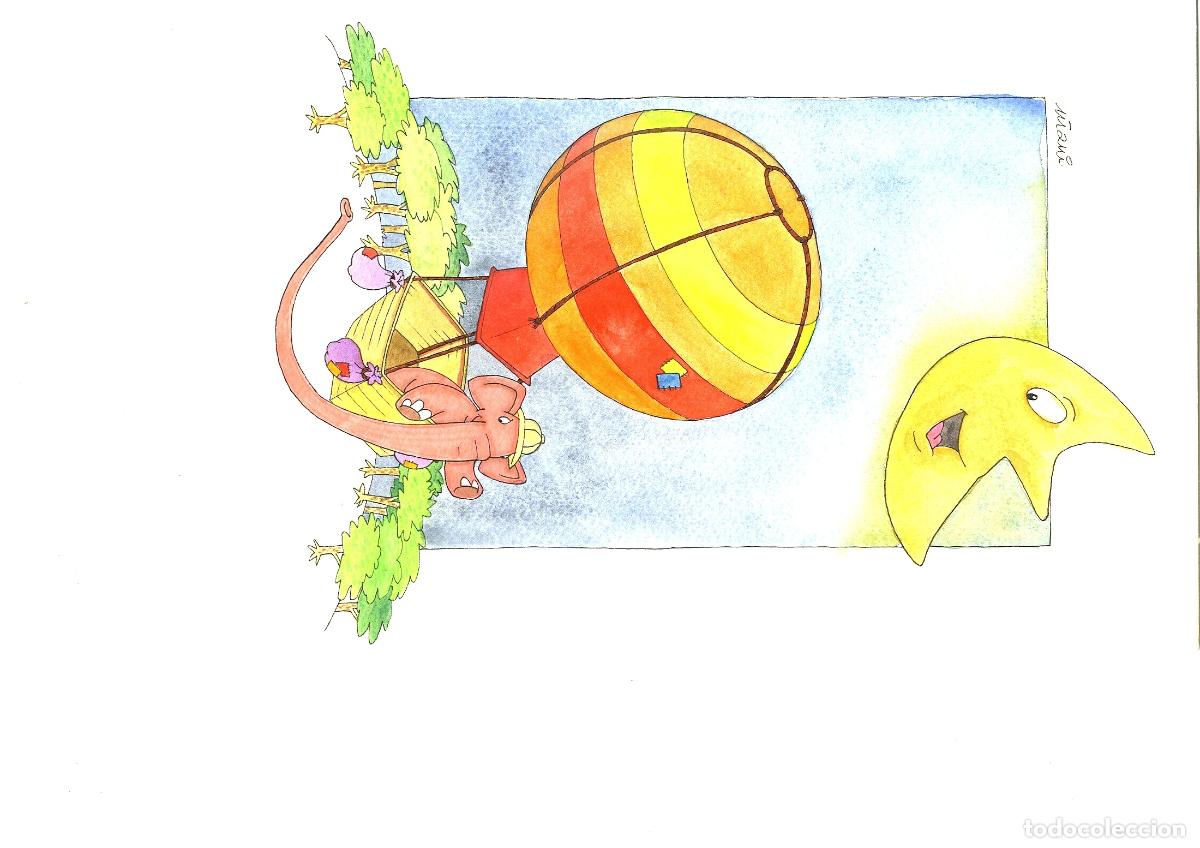 Arte: Ilegible - Elefante en globo aerost&aacute;tico - 35x25 - Acuarela