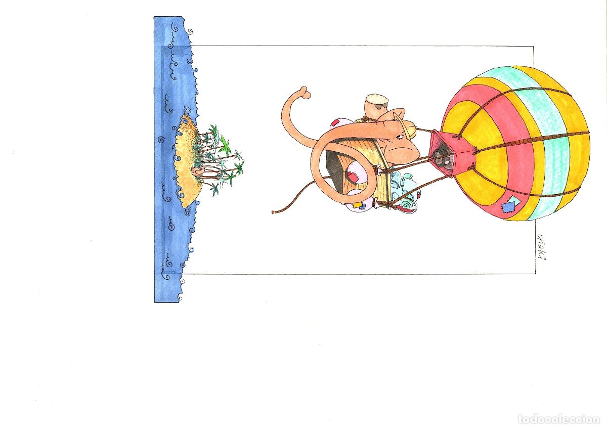 Arte: Ilegible - Mono en globo aerost&aacute;tico - 35x25 - Acuarela
