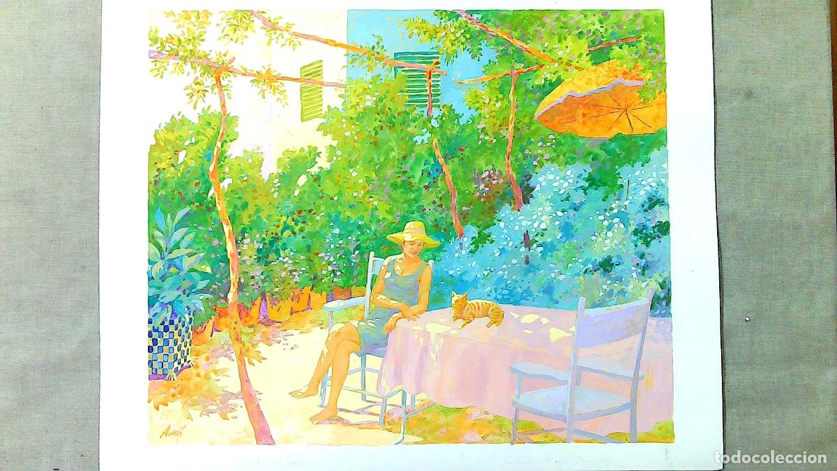 Arte: Ilegible - Mujer en jard&iacute;n con gato - 35x25 - Acuarela