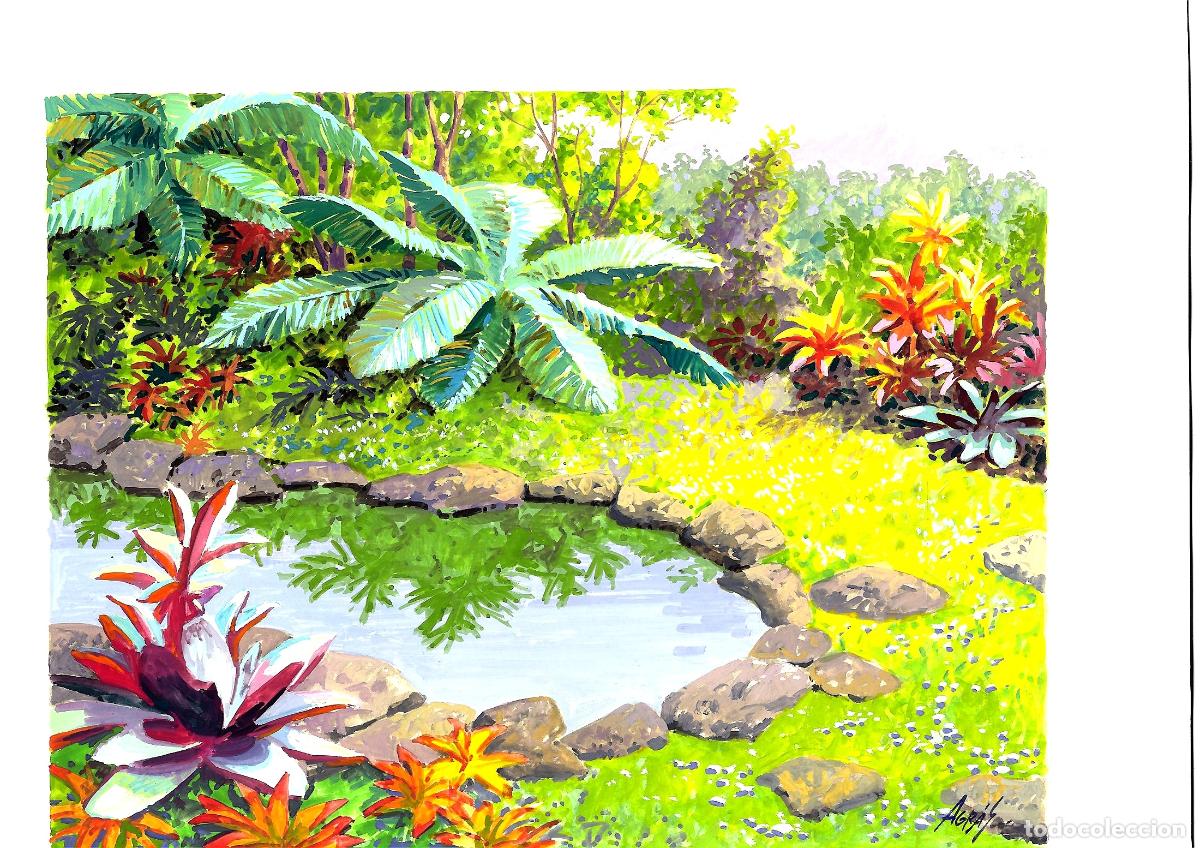 Arte: Ilegible - Jard&iacute;n Tropical con Estanque - 35x25 - Acuarela