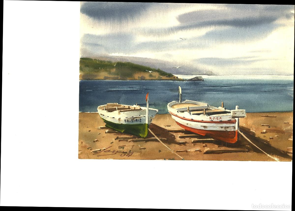 Arte: Ilegible - Barcas en la playa - 35x25 - Acuarela