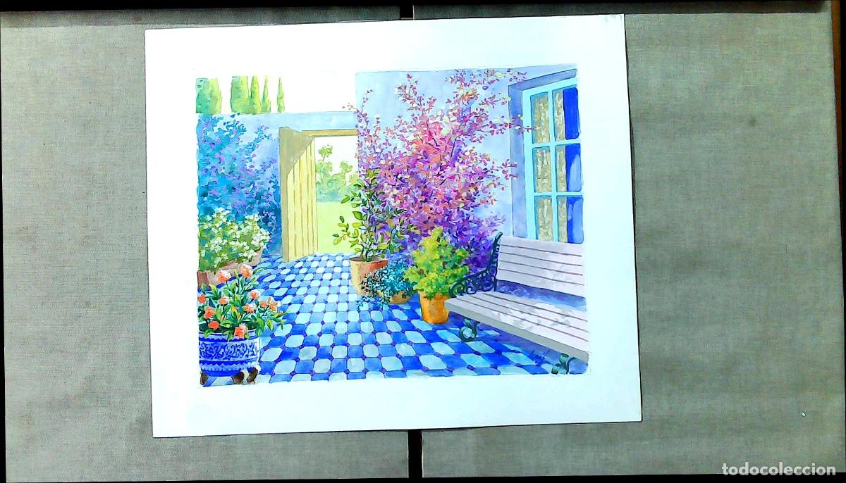 Art: Ilegible - Jard&iacute;n de flores y banco - 35x25 - Acuarela