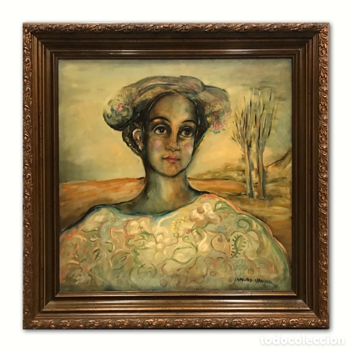 Arte: &rdquo;Retrato de Joven en Paisaje Yermo&rdquo; Ana Lamu&ntilde;o V&aacute;zquez (ca.1940), a&ntilde;os 80-90 del S.XX, 78x78cm