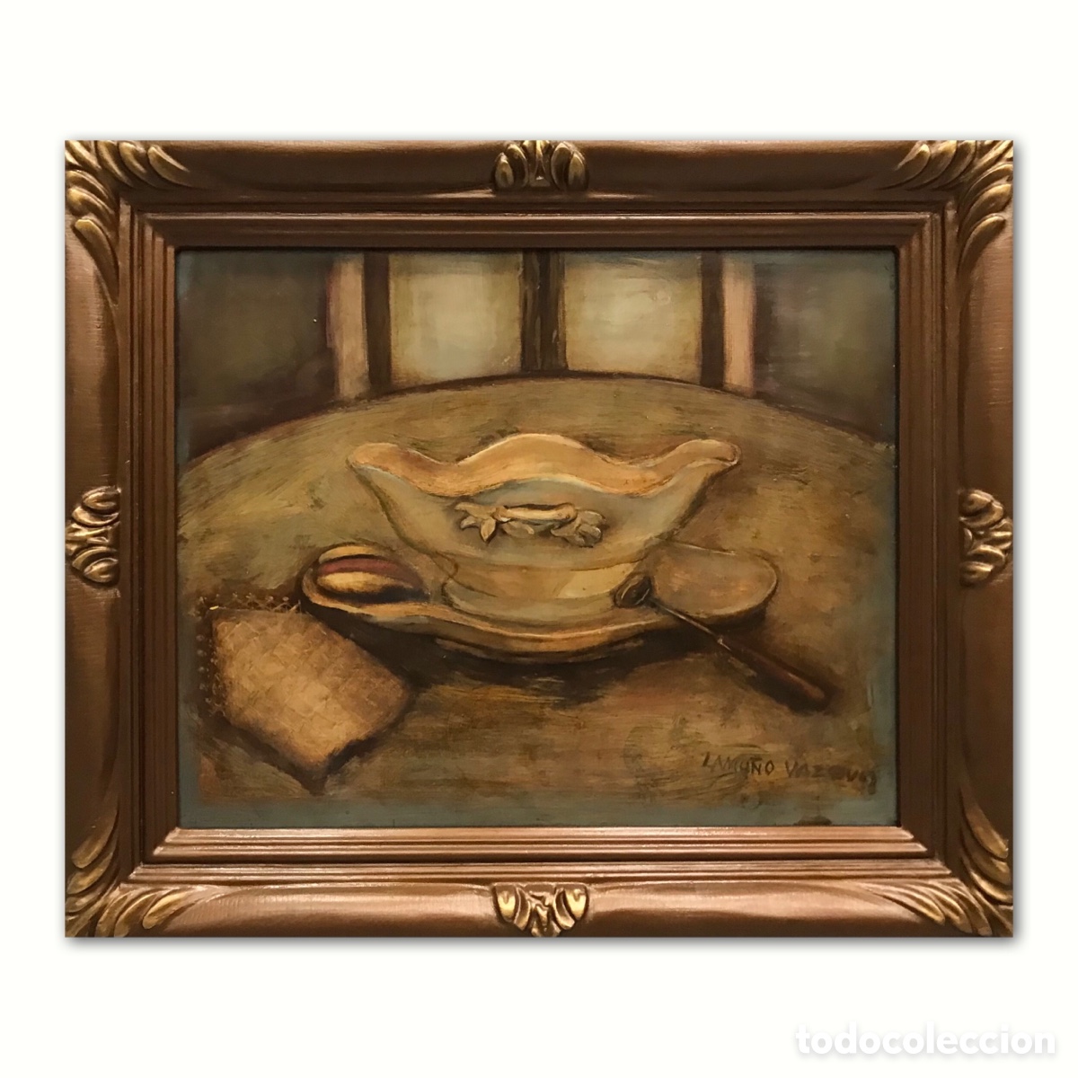 Arte: &rdquo;Naturaleza Muerta con Salsera&rdquo; Ana Lamu&ntilde;o V&aacute;zquez (ca.1940) a&ntilde;os 80-90 del S.XX, 51x44cm