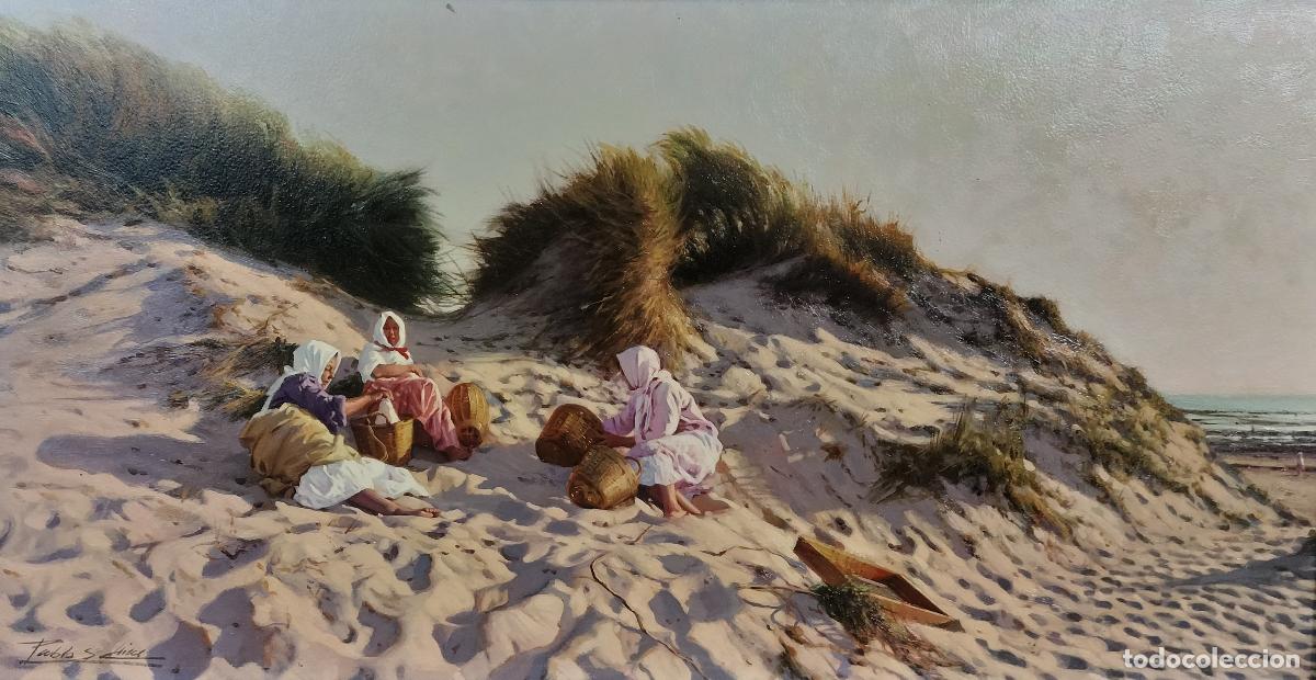 Arte: GRUPO DE MUJERES EN LA PLAYA. FIRMADO PABLO. &Oacute;LEO SOBRE TABLA. ESPA&Ntilde;A. SIGLO XX.