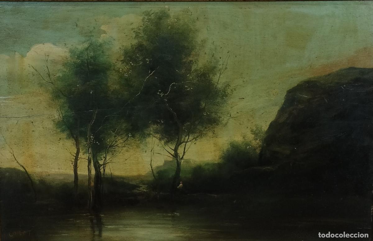 Arte: VISTA DE PAISAJE CON &Aacute;RBOLES Y LAGO. &Oacute;LEO SOBRE TABLA. FRANCIA (?). SIGLO XIX.