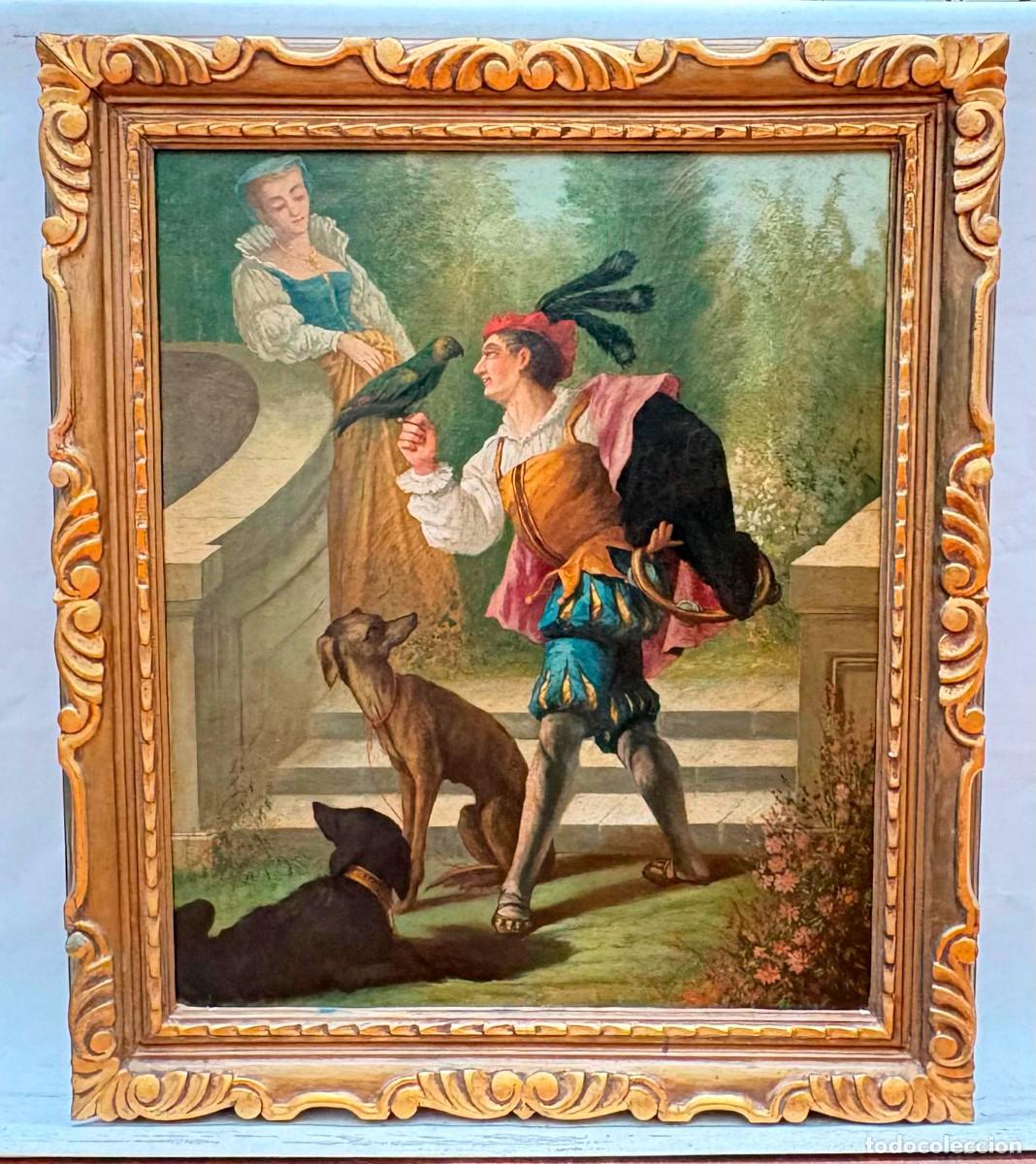 Arte: CARLOS LLOSAS MARTI (1875-1942) OLEO SOBRE TELA. ENCUENTRO GALANTE CON MASCOTAS