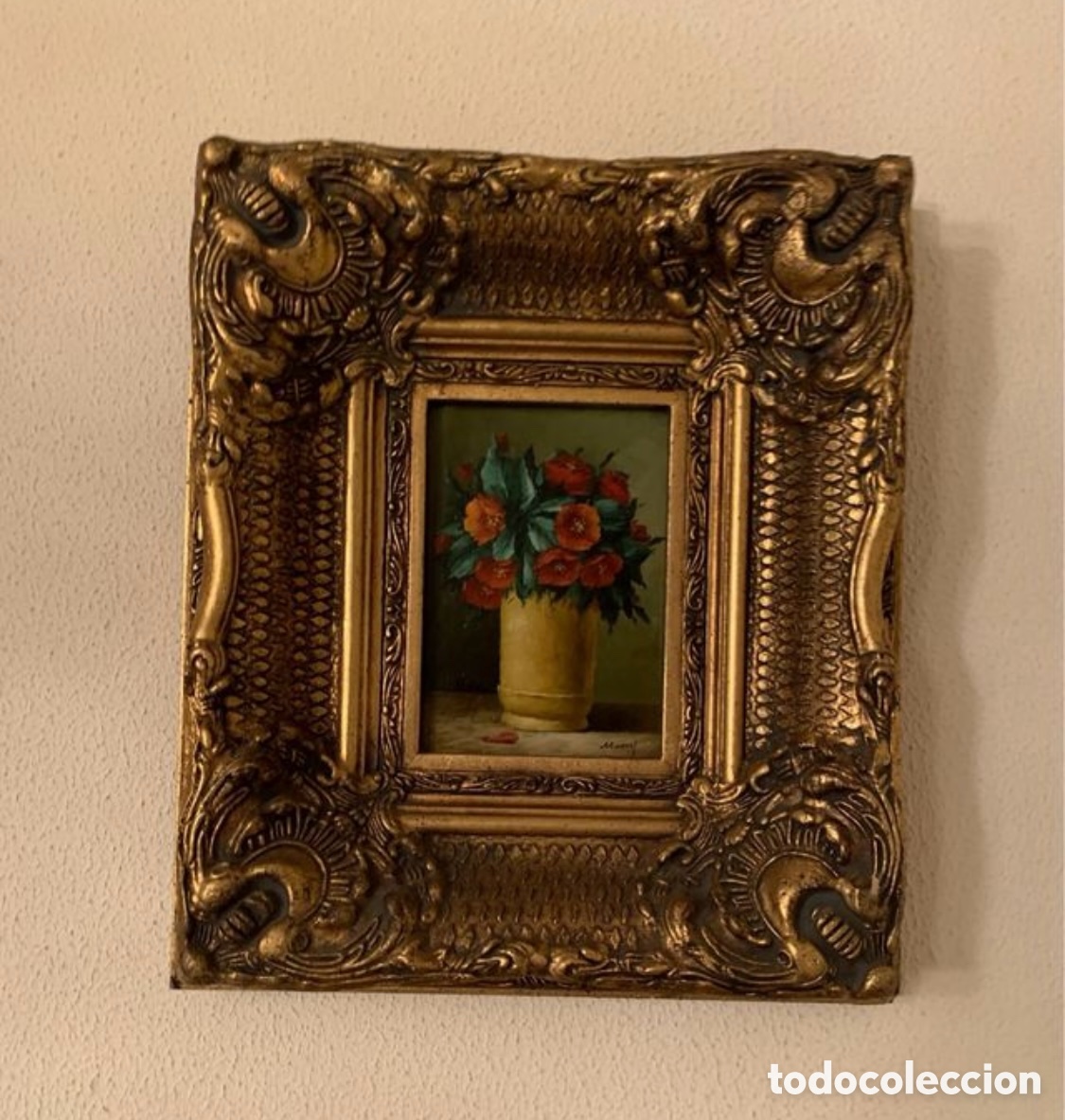 Arte: Cuadro oleo vintage con marco dorado en relieve