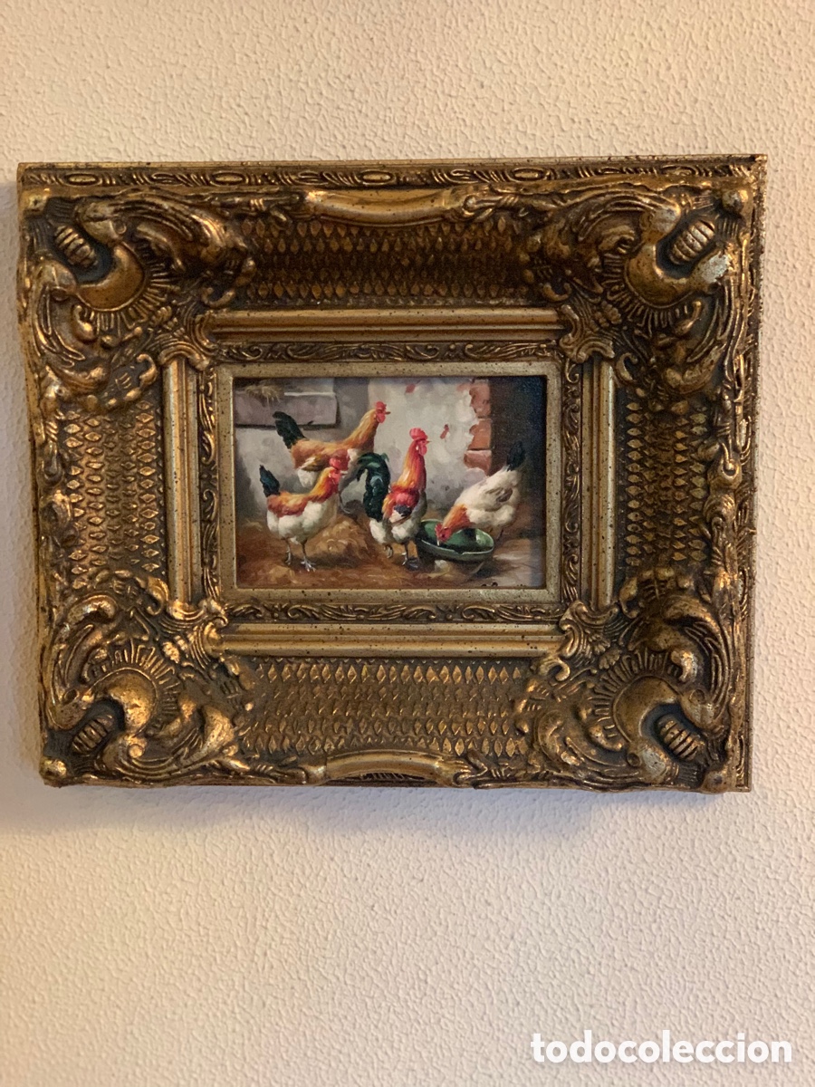 Arte: Cuadro vintage con marco barroco dorado y pintura oleo