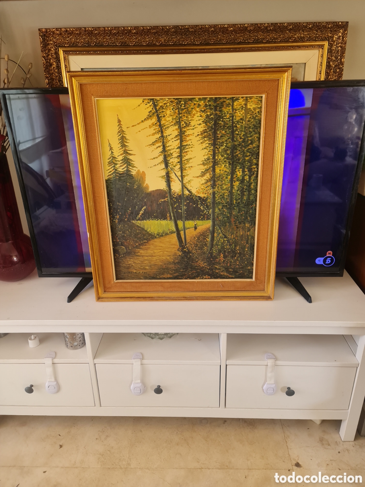 Arte: JOYA 1980 &Oacute;leo Paisaje Impresionista Marco Pan Oro