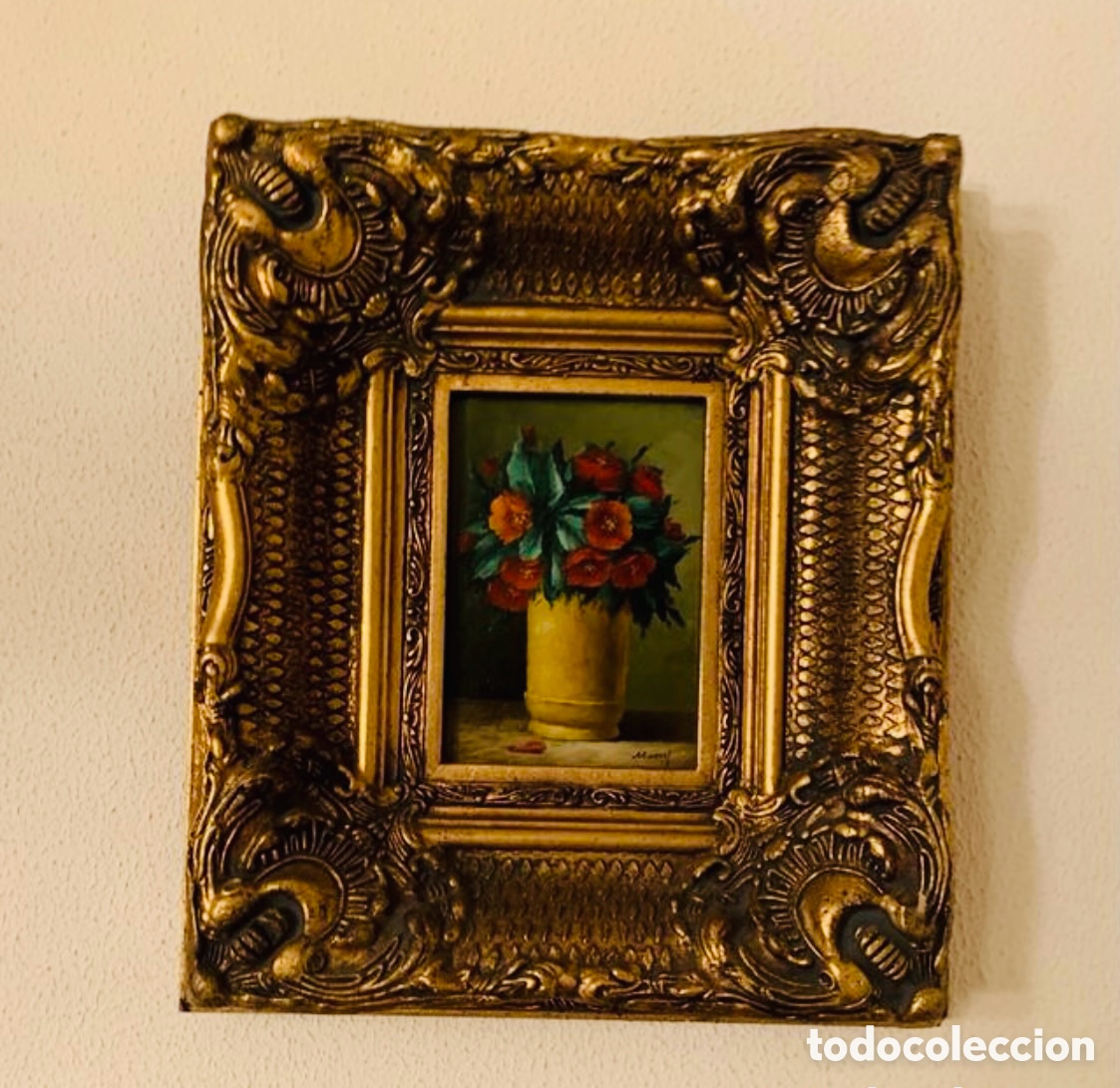 Arte: Cuadro oleo vintage con marco dorado en relieve