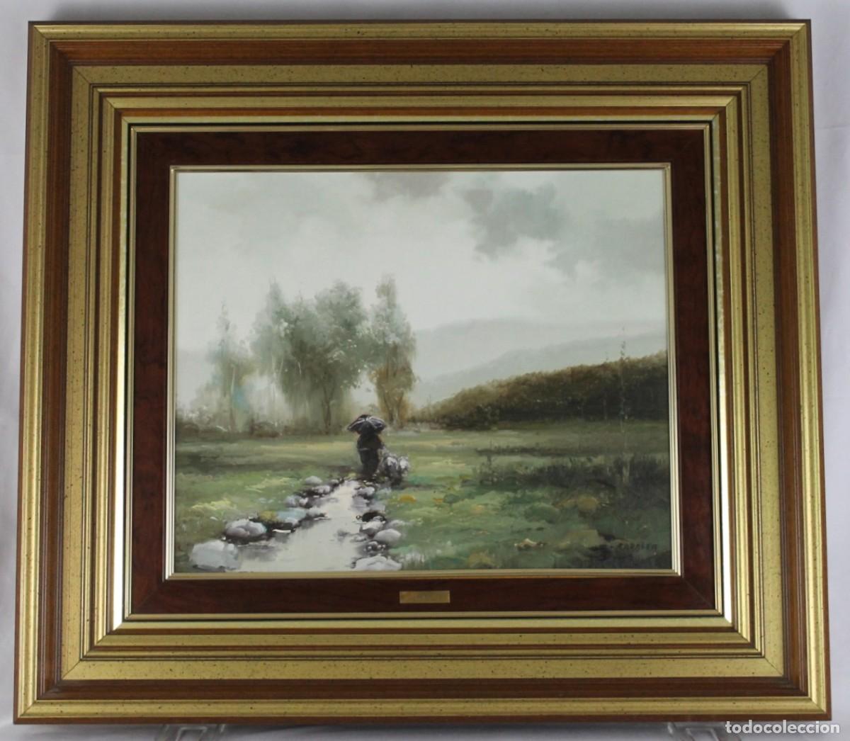 Arte: &Oacute;leo sobre lienzo. Pastor con reba&ntilde;o. Firmado Barbera