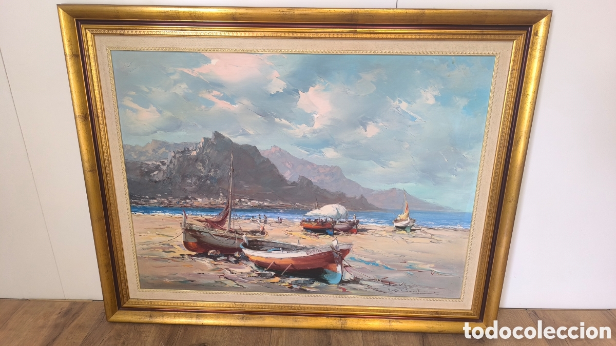 Arte: CUADRO OLEO SOBRE LIENZO DE BARCOS EN LA PLAYA