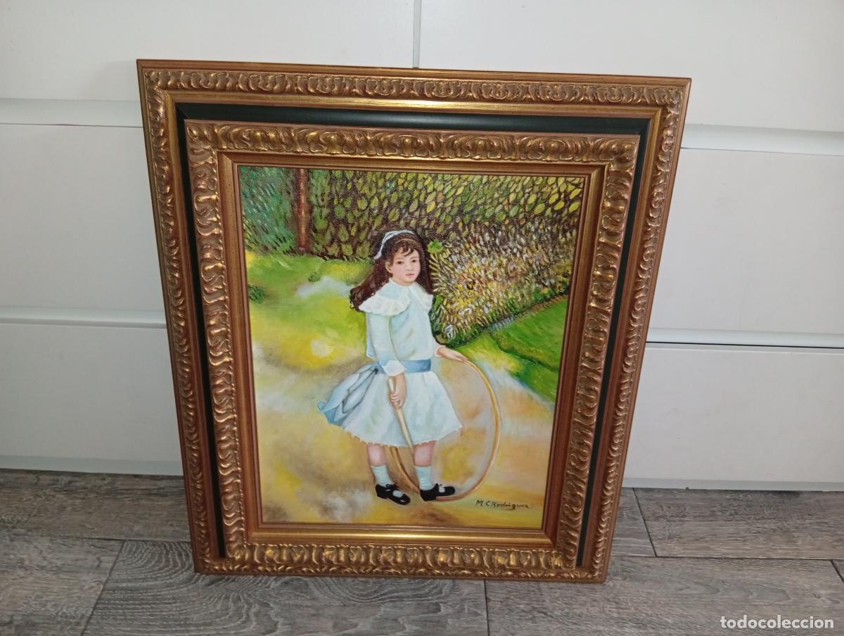 Arte: &Oacute;leo sobre lienzo - Retrato infantil &rdquo;Ni&ntilde;a con aro&rdquo; - Firmado M. Rodr&iacute;guez - Estilo S. Joshua Reynol