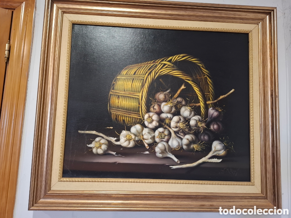 Arte: Precioso bodegon de jose manuel reyes de un canasto con ajo con una medida de 85x75