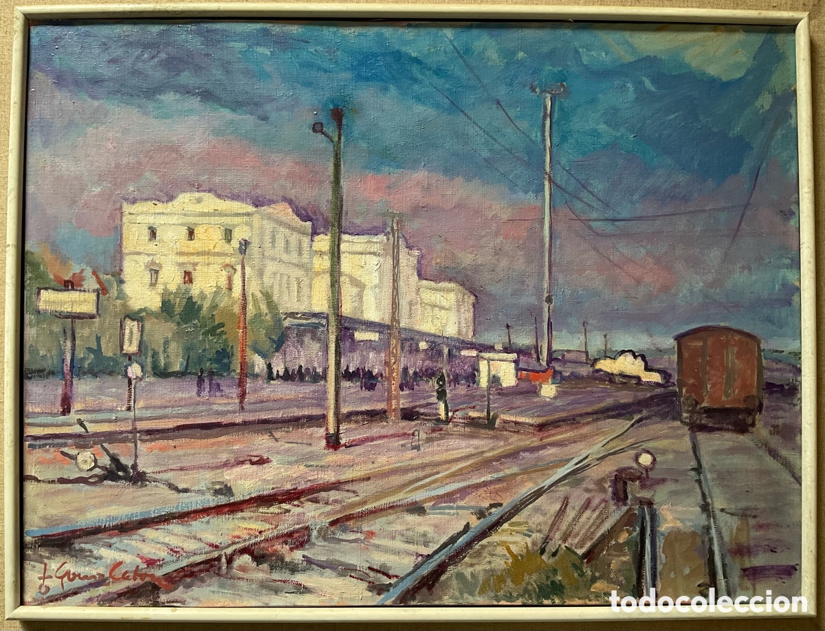 Arte: Ferran Gomez Caton, Badalona 1917, Estaci&oacute;n Ferrocarril Tren, &Oacute;leo sobre lienzo.