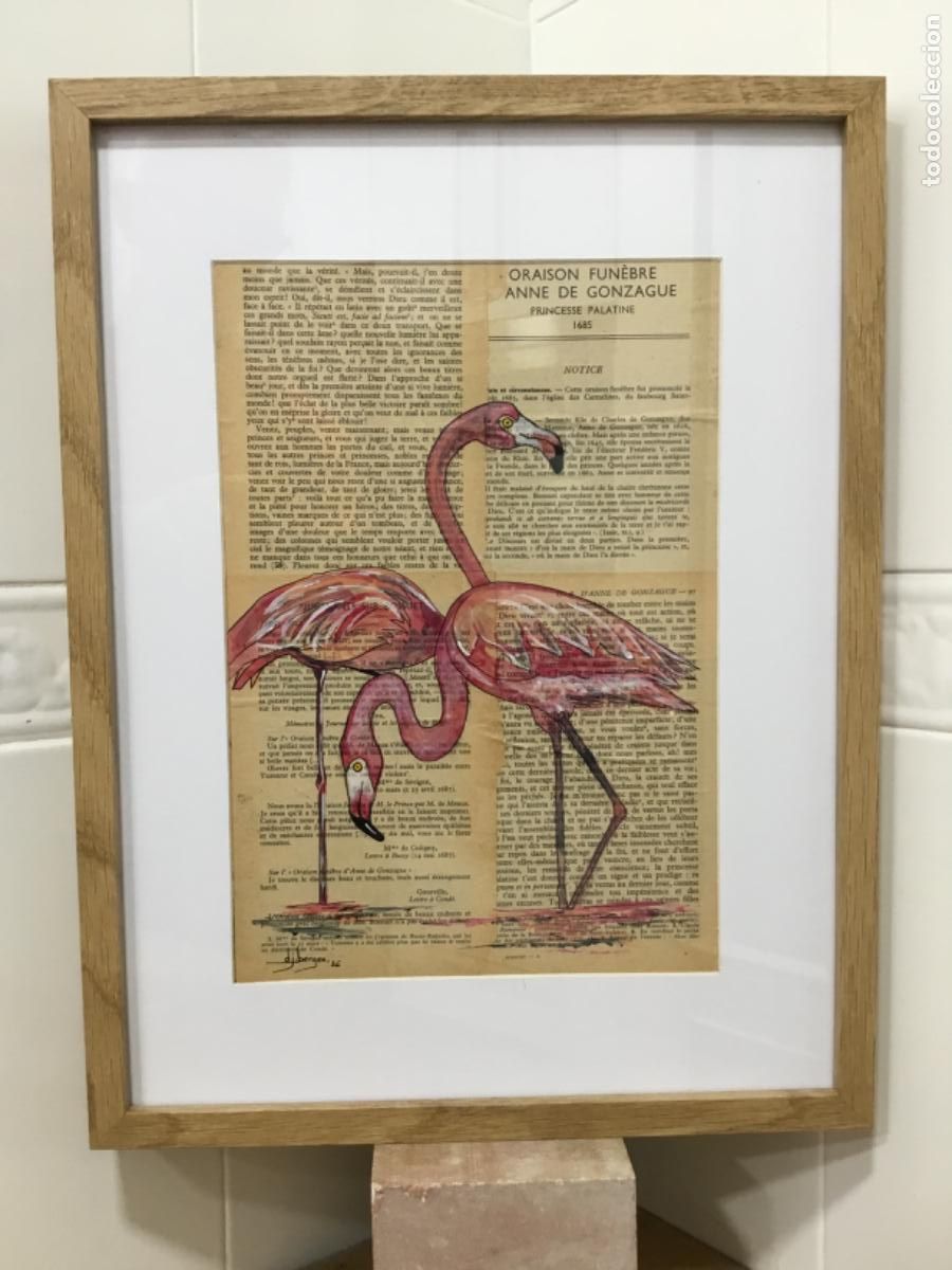 Arte: Ya est&aacute;n aqu&iacute;. Flamencos rosas. Acr&iacute;lico y tinta sobre madera y papel antiguo.