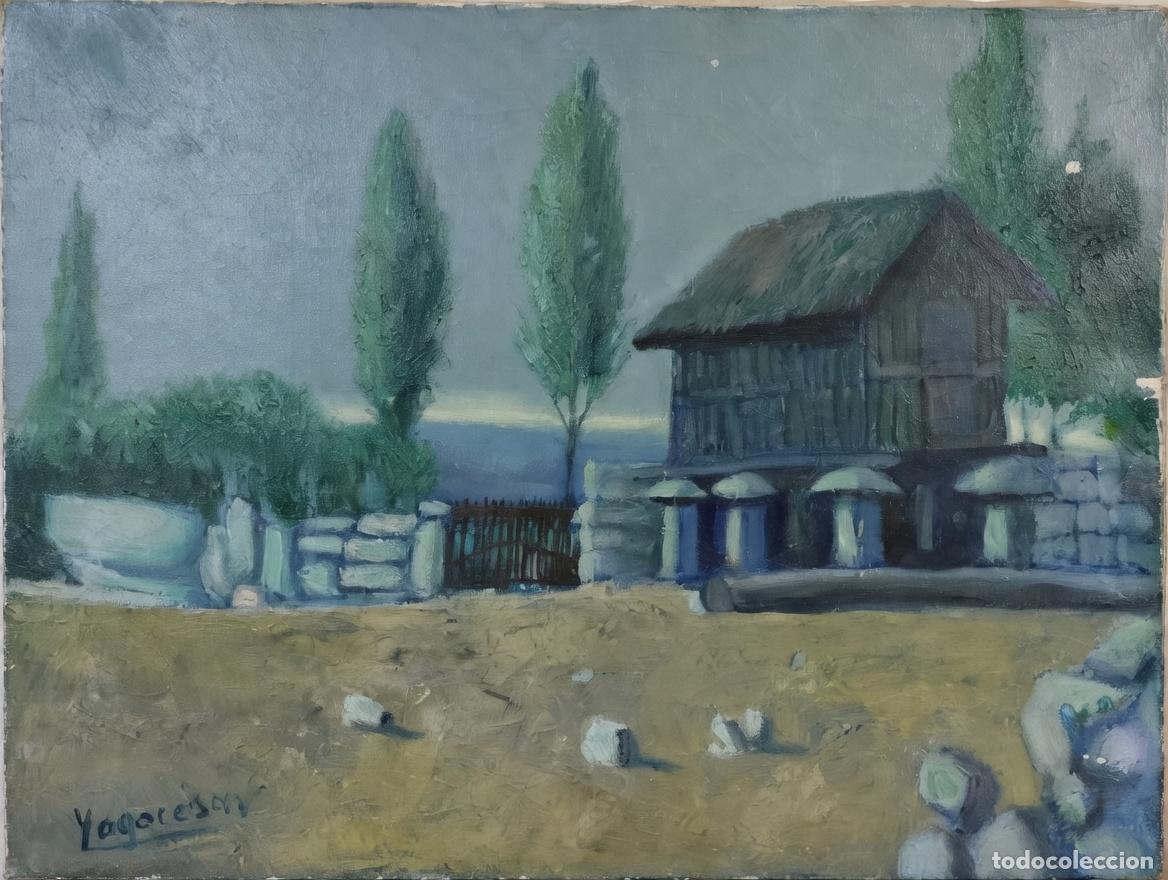 Arte: VISTA DE UNA GRANJA GALLEGA. FIRMADO YAGO C&Eacute;SAR. &Oacute;LEO SOBRE LIENZO. ESPA&Ntilde;A. SIGLO XX.