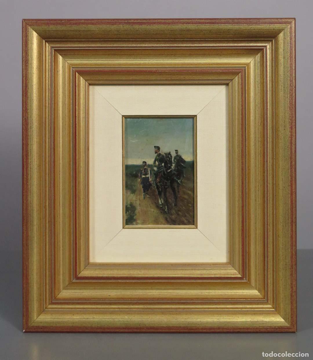 Arte: ESCENA MILITARES A CABALLO. OLEO S/ TABLA. SIGUIENDO MODELOS DE CUSACHS. HACIA 1880