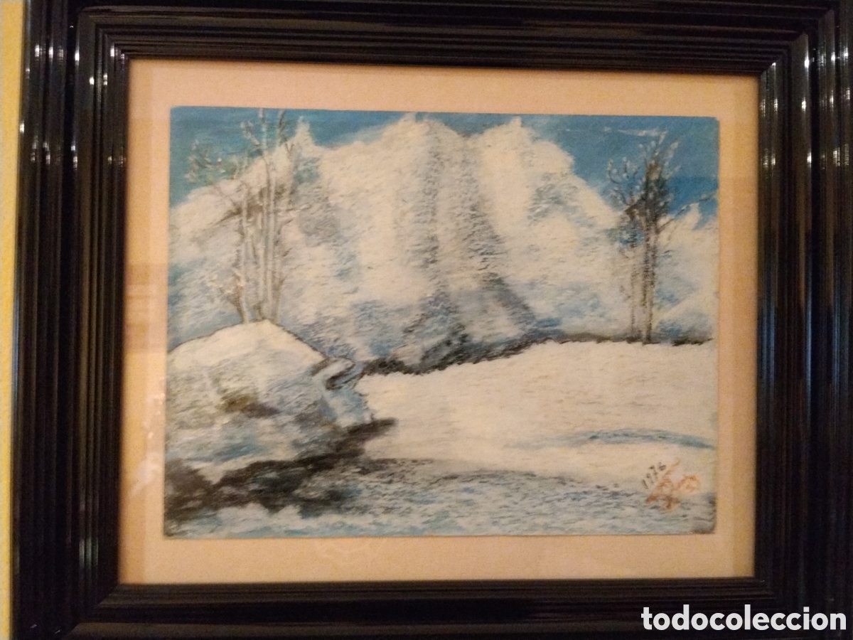Arte: Acuarela paisaje nevado firmada (1976) &ndash; escena invernal &ndash; enmarcada