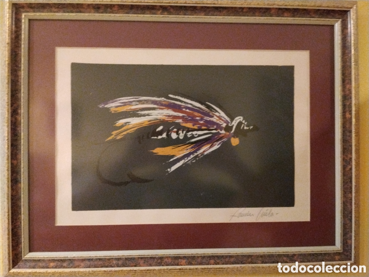 Arte: Mosca de pesca &ldquo;Alexander&rdquo; firmada Vila &ndash; l&aacute;mina fly fishing decorativa 38x29 cm
