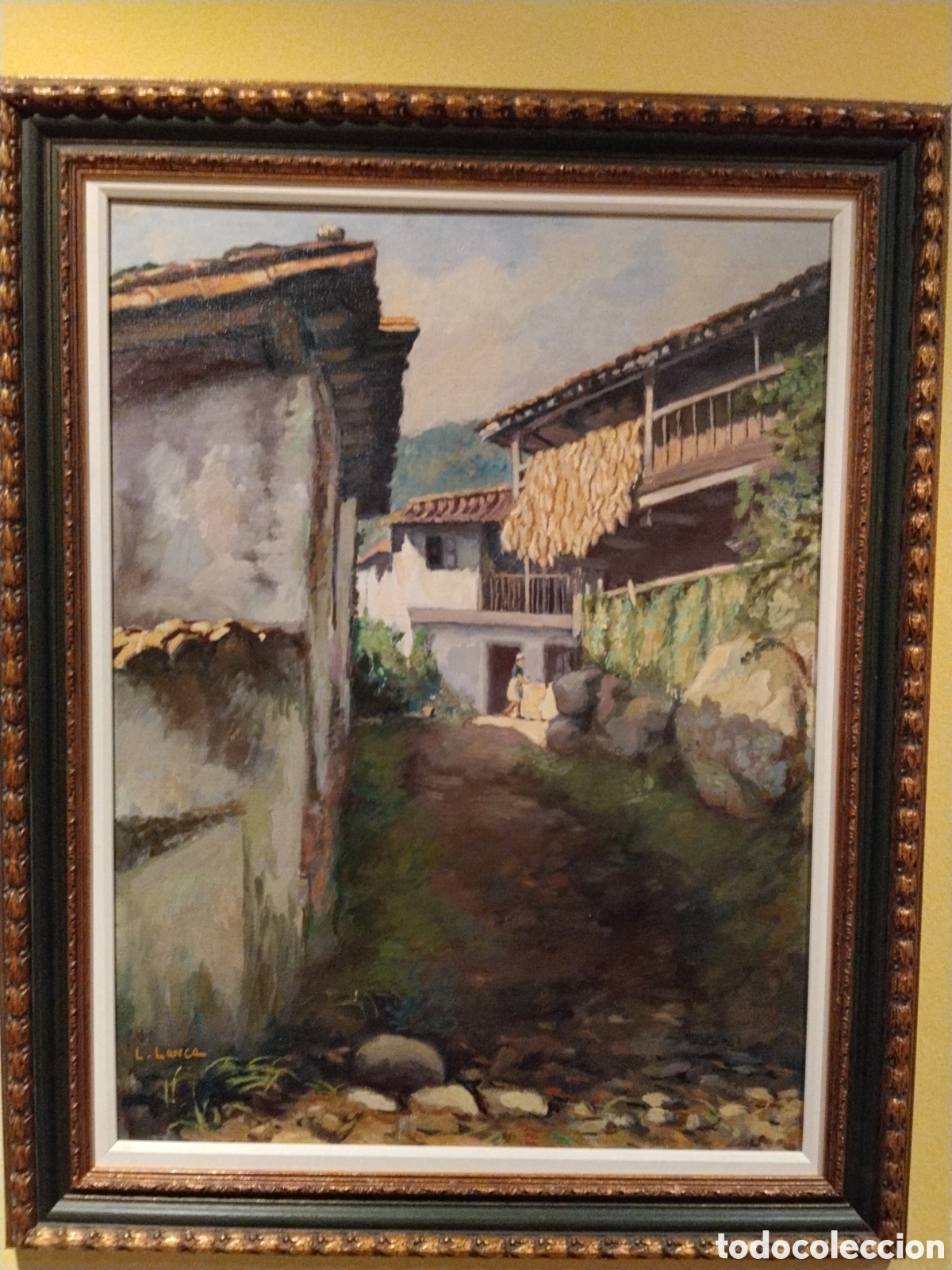 Arte: &Oacute;leo original firmado L. Lanca &ndash; escena rural asturiana &ndash; caser&iacute;o tradicional &ndash; 60x46 cm