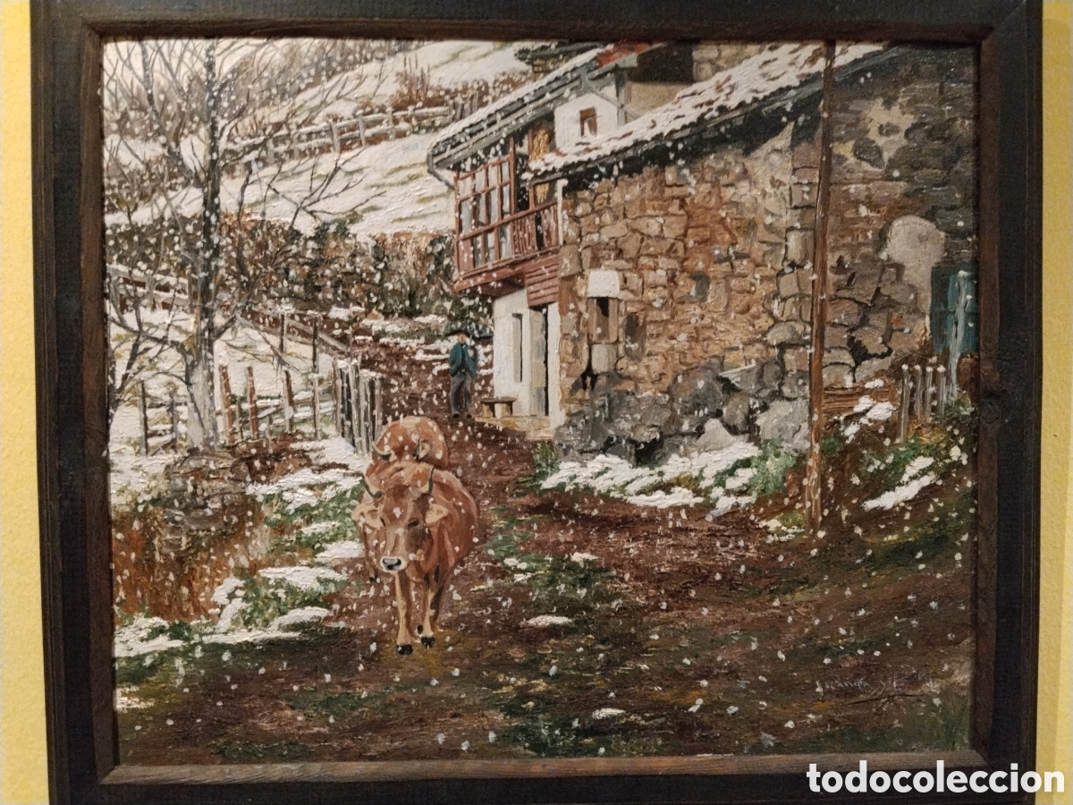 Arte: &Oacute;leo original Yolanda Gonz&aacute;lez &ndash; paisaje asturiano nevado con caser&iacute;o y vacas &ndash; 45x37 cm