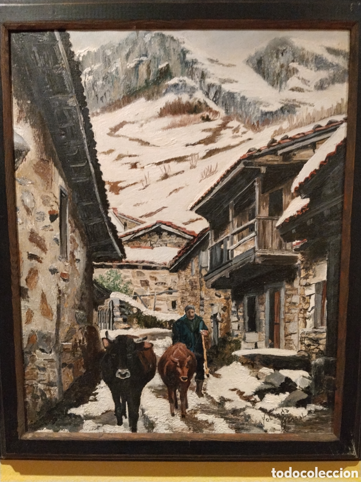 Arte: &Oacute;leo original Yolanda Gonz&aacute;lez &ndash; &ldquo;Ha nevado en el pueblo&rdquo; &ndash; paisaje asturiano con vacas &ndash; 40x32 cm