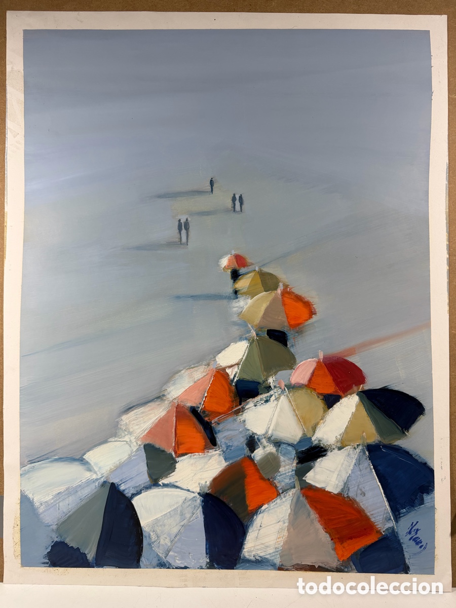 Art: Pintura original firmada &ndash; escena de playa con sombrillas