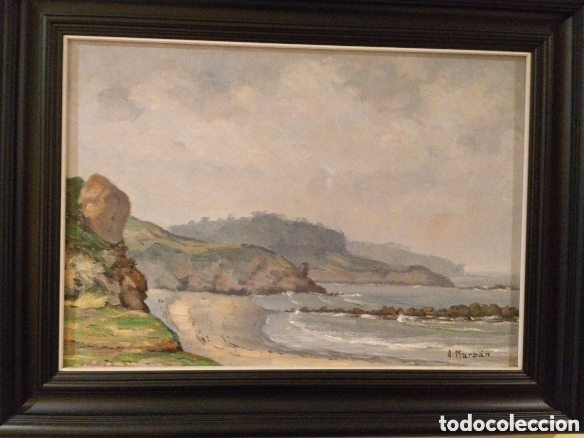 Arte: &Oacute;leo original A. Marb&aacute;n &ndash; paisaje marino costa asturiana &ndash; playa y acantilados &ndash; 54x37 cm