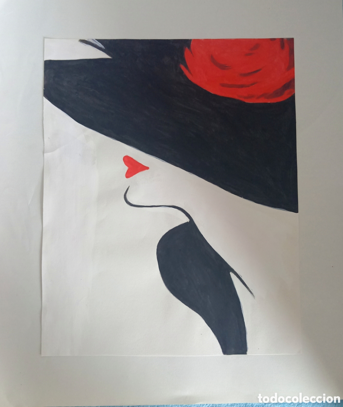 Arte: Original pintura mujer con sombrero trazos (18) (t&eacute;cnica mixta) acuarela y acr&iacute;lico sobre papel dobl