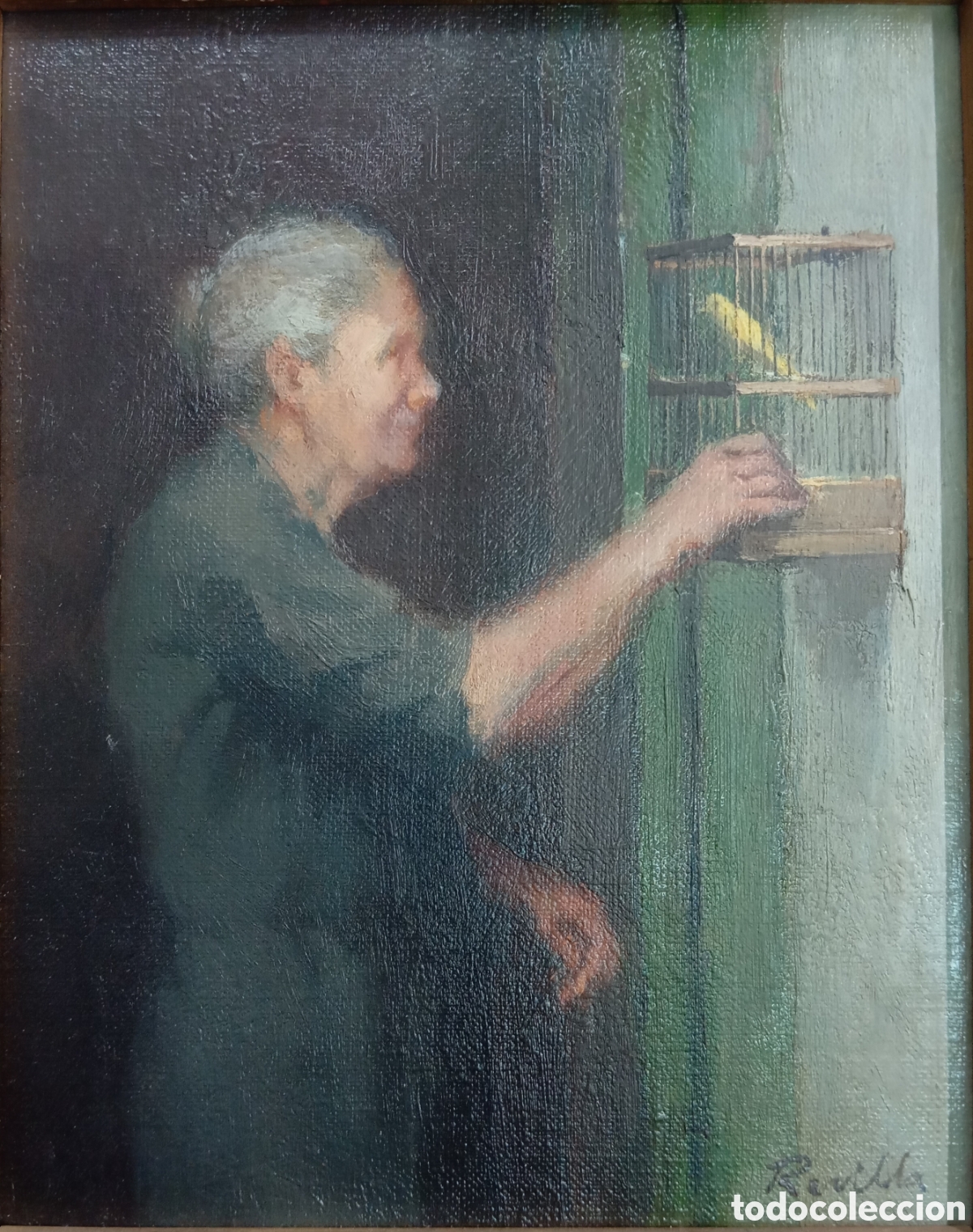 Art: Magnifico Oleo sobre lienzo de JUSTO REVILLA RUBIO (1940) Abuela y Canario 23x19cm