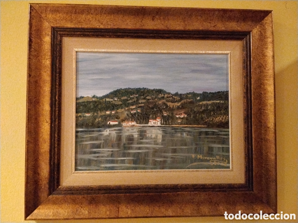 Arte: &Oacute;leo original paisaje costero firmado F. Miravalles 2006 marco madera