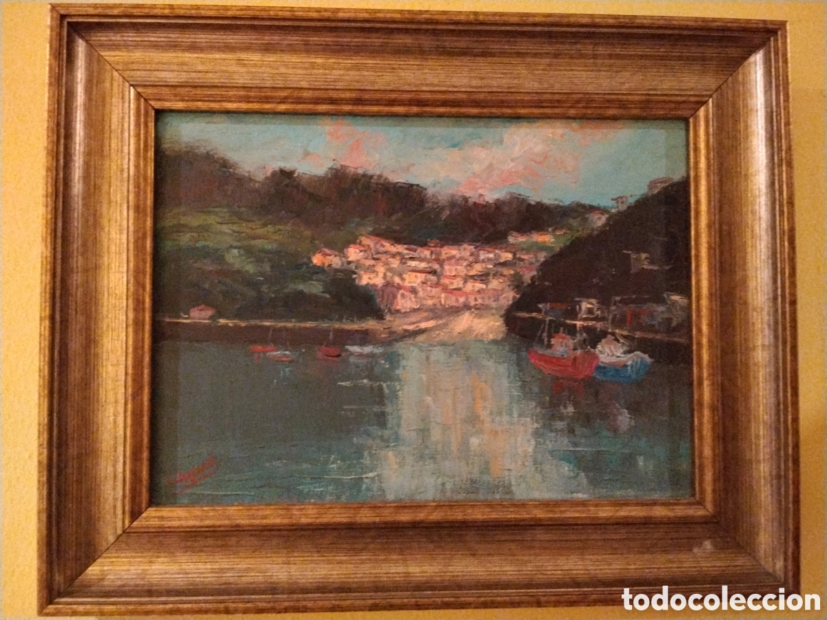 Arte: &Oacute;leo original puerto tipo Cudillero firmado Rufino cuadro enmarcado
