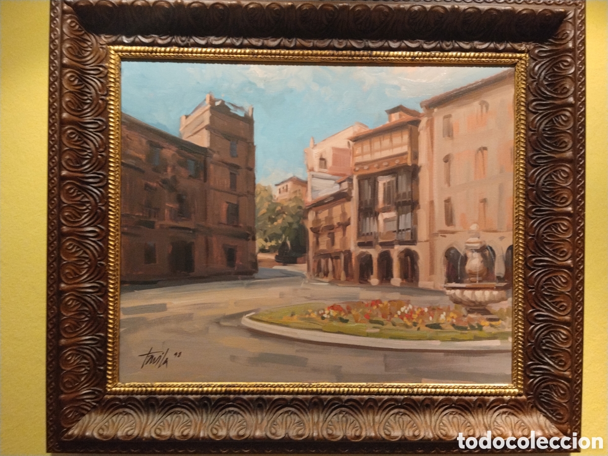 Arte: &Oacute;leo original firmado Fabila 1998 cuadro plaza urbana marco calidad