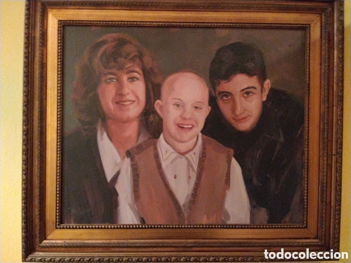 Arte: &Oacute;leo original firmado Fabila retrato familiar cuadro enmarcado