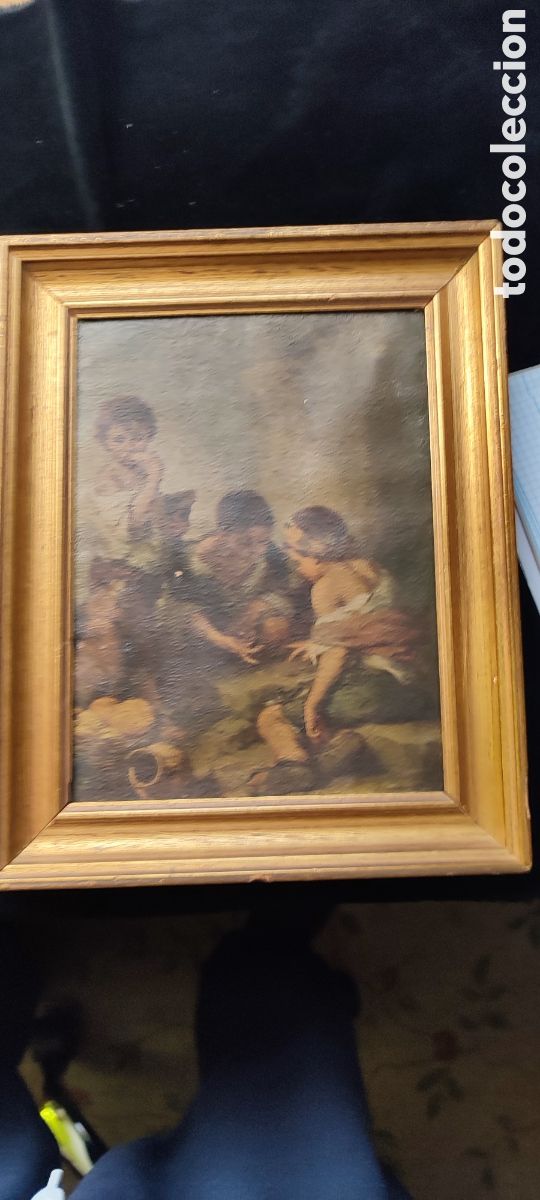 Arte: Antiguo oleo sobre cart&oacute;n siglo XVII Ni&ntilde;os jugando con un perro