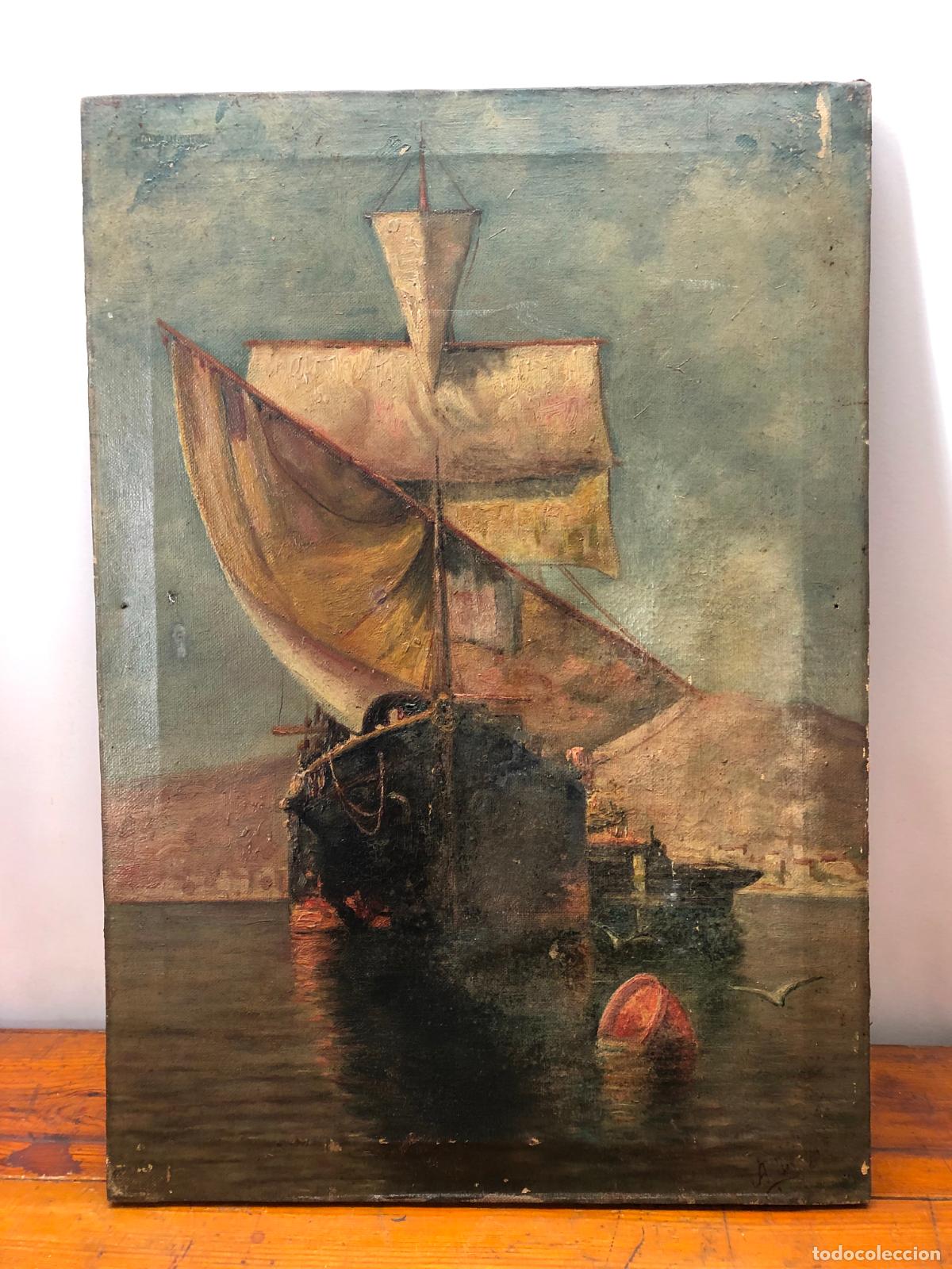 Arte: 1875 -1930 &middot; Antiguo oleo sobre lienzo Marina &middot; Barcos en el puerto de M&aacute;laga &middot; Firmado