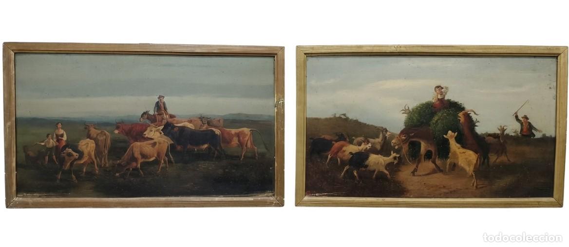 Arte: PAREJA DE ESCENAS COSTUMBRISTAS CON CABRAS, VACAS Y PASTORES. &Oacute;LEO SOBRE TABLA. ESPA&Ntilde;A. XIX.
