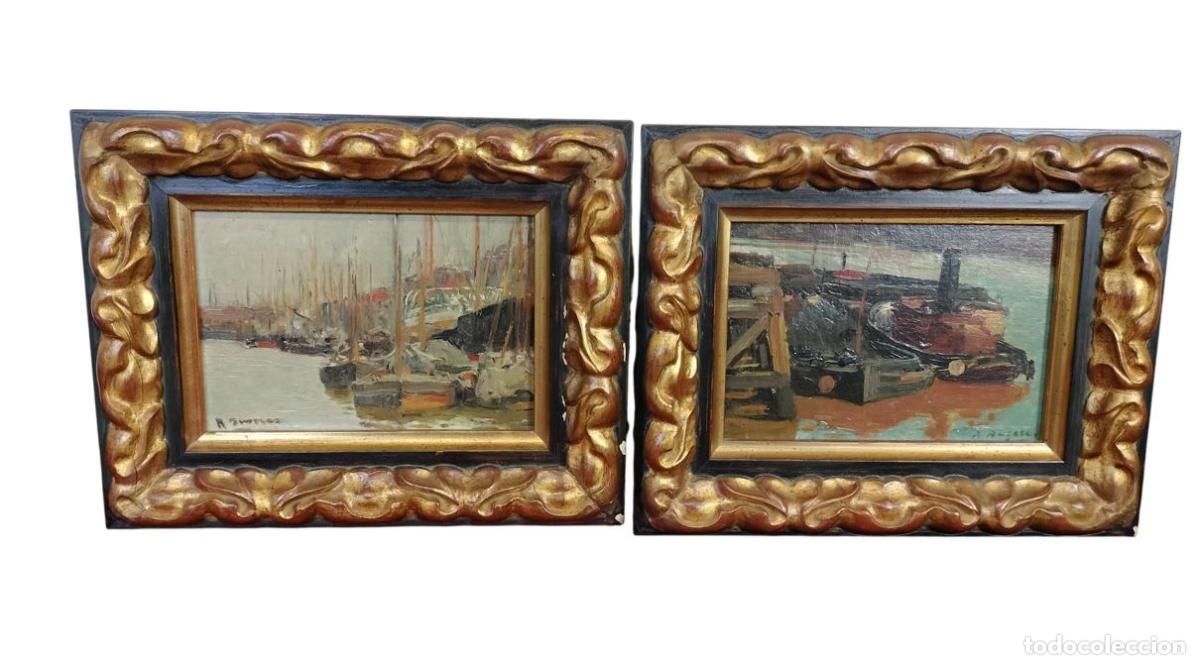 Arte: PAREJA DE MARINAS CON EMBARCACIONES. FIRMA ILEGIBLE. &Oacute;LEO SOBRE LIENZO. ESPA&Ntilde;A. SIGLOS XIX-XX