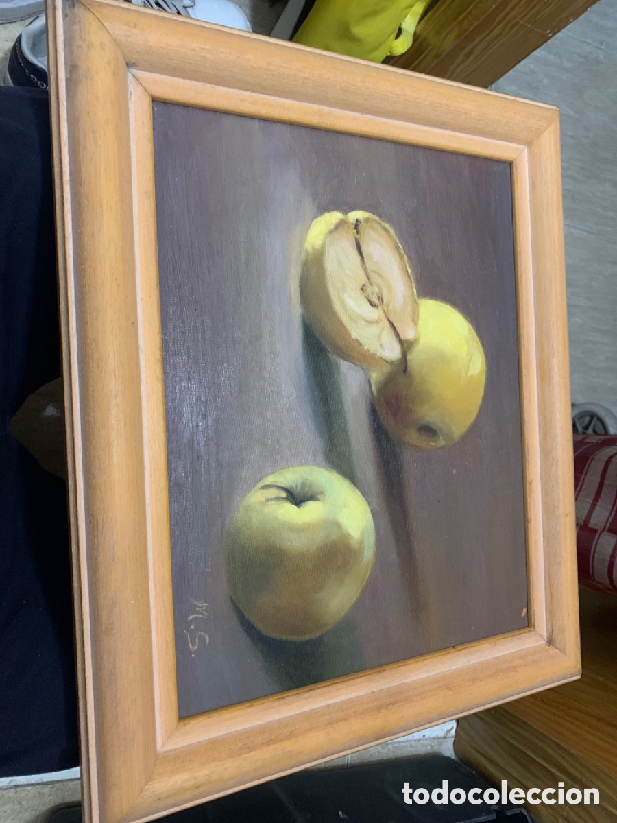 Arte: &Oacute;leo sobre lienzo- Bodeg&oacute;n cl&aacute;sico de Manzana-1978 Firmado M.S