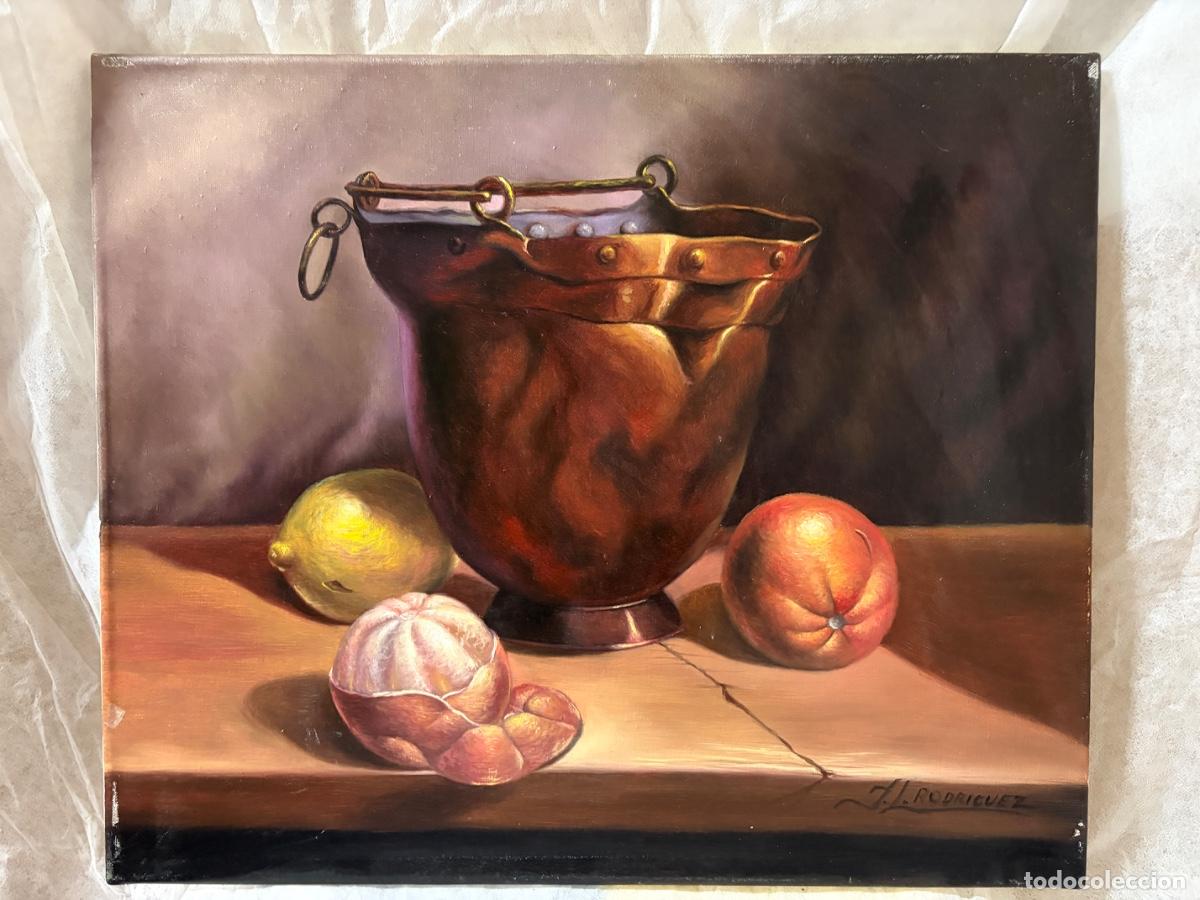 Arte: BODEG&Oacute;N &Oacute;LEO SOBRE LIENZO CUBO COBRE LIM&Oacute;N MELOCOT&Oacute;N FIRMADO H. RODR&Iacute;GUEZ. MEDIDAS: 55.5 x 47