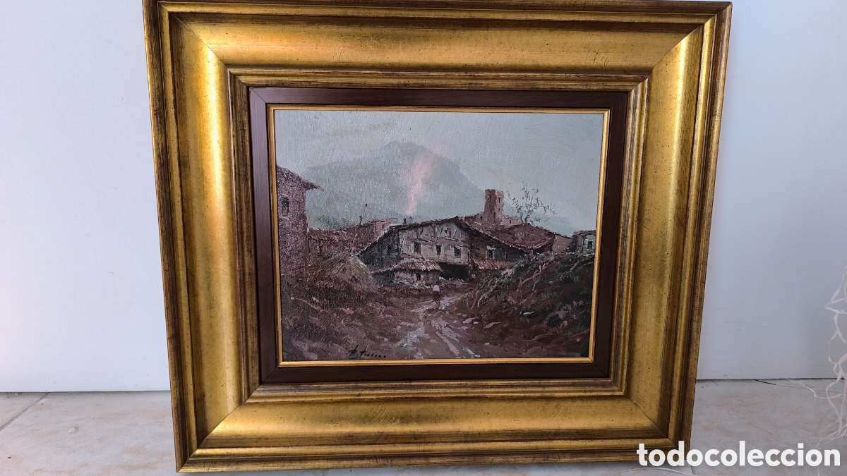 Art: &Oacute;leo firmado Fonseca &ndash; paisaje de pueblo con caser&iacute;o e iglesia &ndash; marco robusto calidad