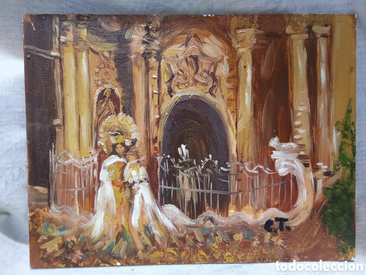 Art: MOTIVO RELIGIOSO AL &Oacute;LEO SOBRE TABLILLA FIRMADO C.T VIRGEN DE LOS DESAMPARADOS VALENCIA