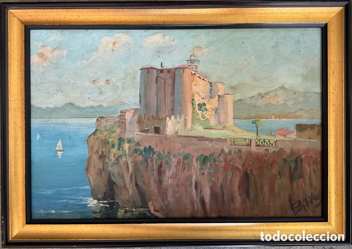 Arte: Bay Sala (Juan Bay&oacute;n Salado) &ndash; Paisaje costero con fortificaci&oacute;n y faro &ndash; &oacute;leo sobre tabla