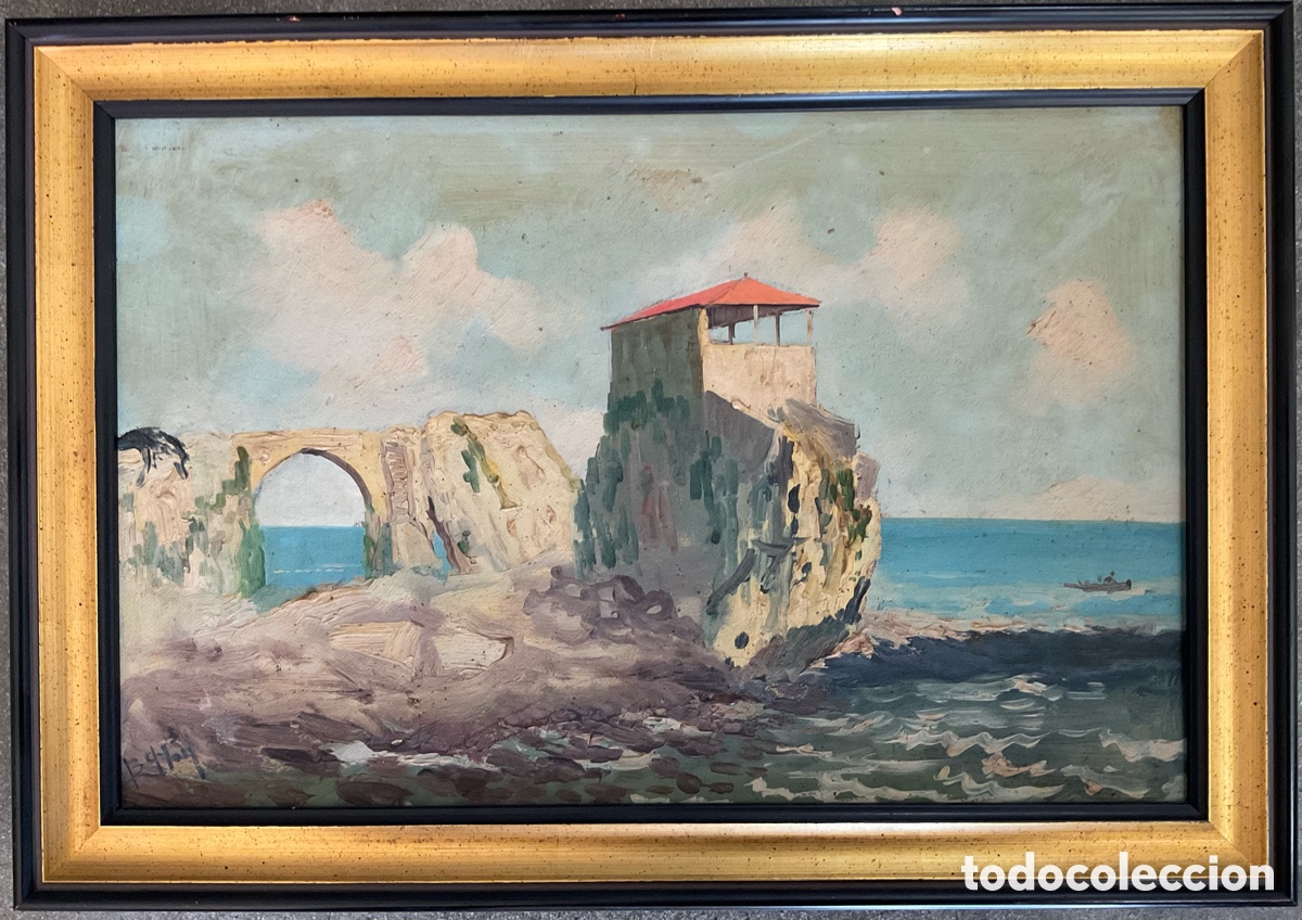 Arte: Bay Sala (Juan Bay&oacute;n Salado) &ndash; Paisaje marinero con arco de piedra y costa &ndash; &oacute;leo sobre tabla